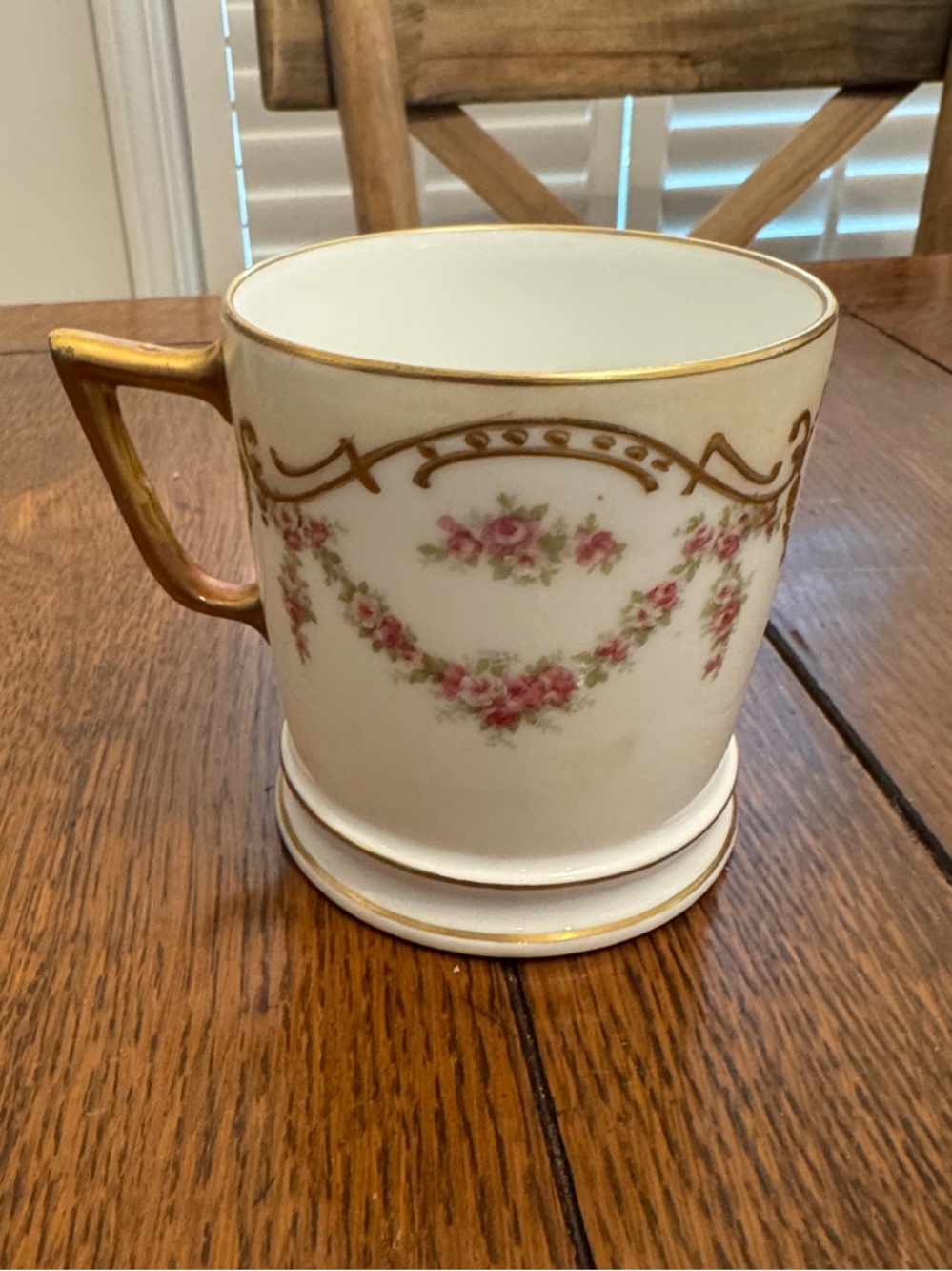 Limoges White Porcelain Teacup with Pink Floral Garland and Gold Trim